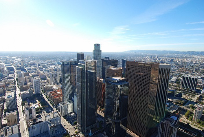 Aerial view of downtown la wells fargo building
