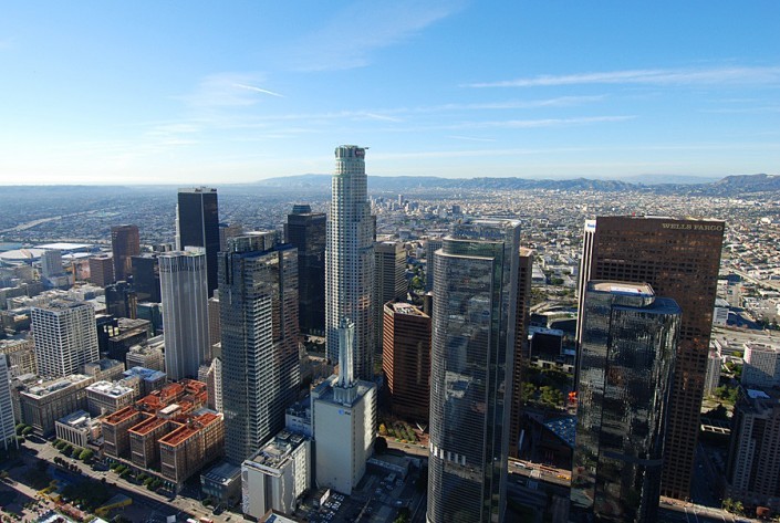 aerial helicopter view of us bank tower downtown los angeles