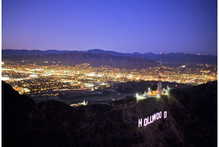 helicopter night flight hollywood sign after dusk