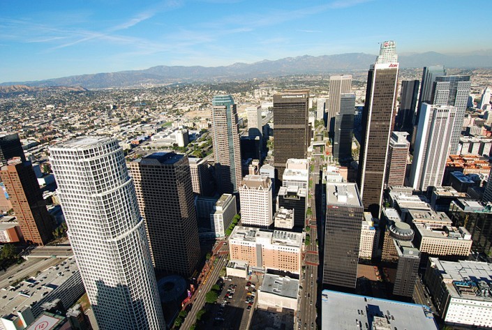 top of downtown los angeles from helicopter